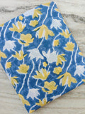 Blue Yellow Floral Cotton Fabric, Hand Block Print Fabric by Yard, Indian Cotton Fabric for Sewing Quilting Dressmaking Upholstery Fabric