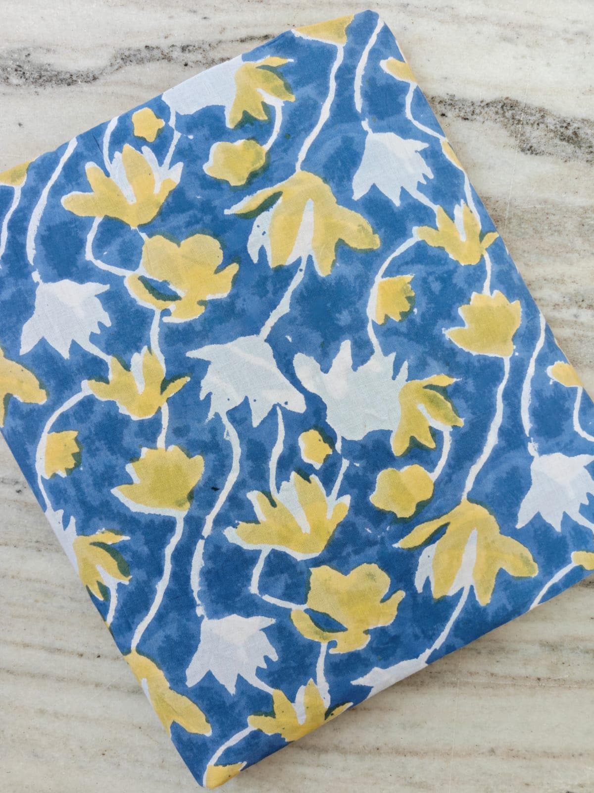 Blue Yellow Floral Cotton Fabric, Hand Block Print Fabric by Yard, Indian Cotton Fabric for Sewing Quilting Dressmaking Upholstery Fabric