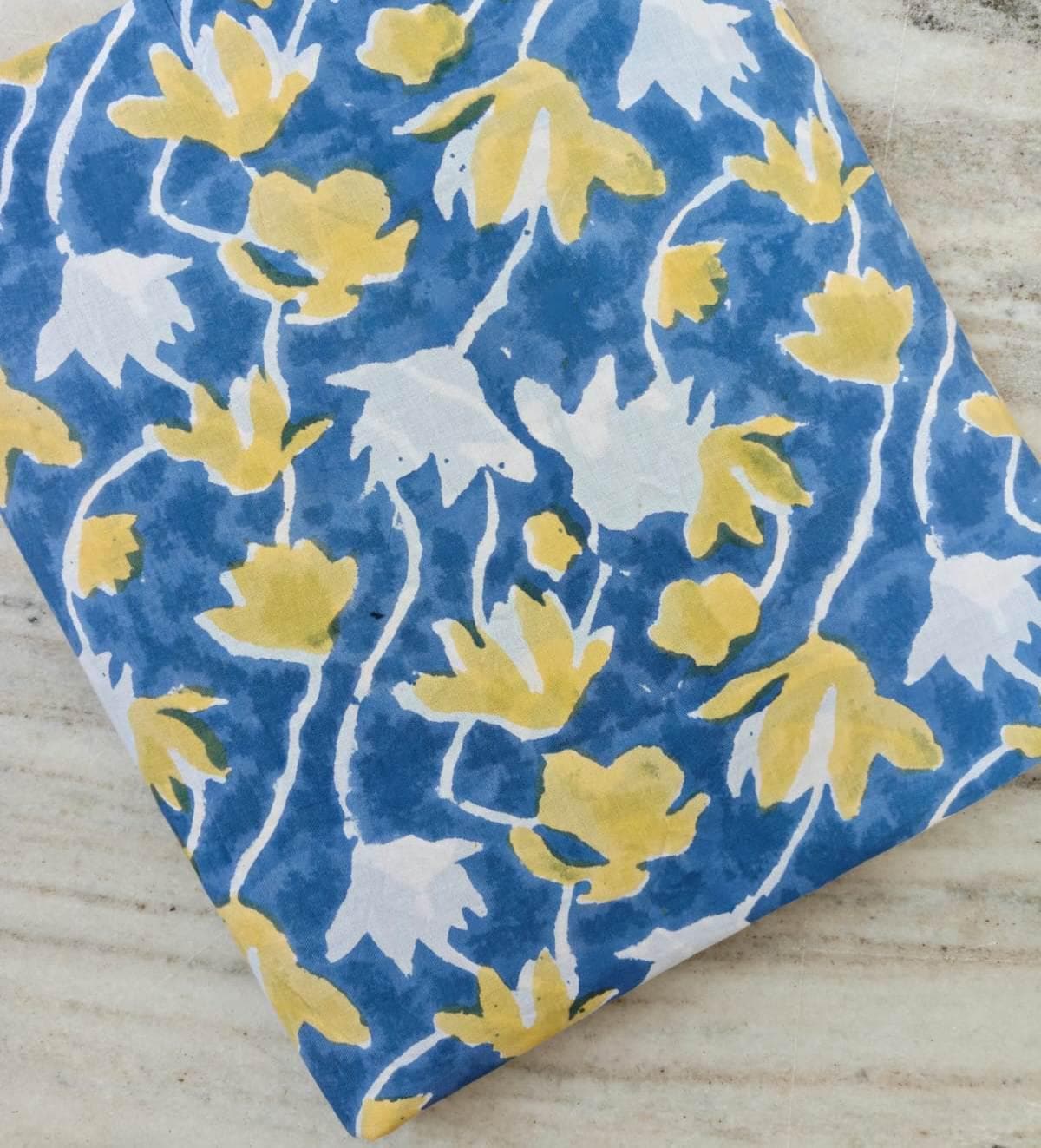 Blue Yellow Floral Cotton Fabric, Hand Block Print Fabric by Yard, Indian Cotton Fabric for Sewing Quilting Dressmaking Upholstery Fabric