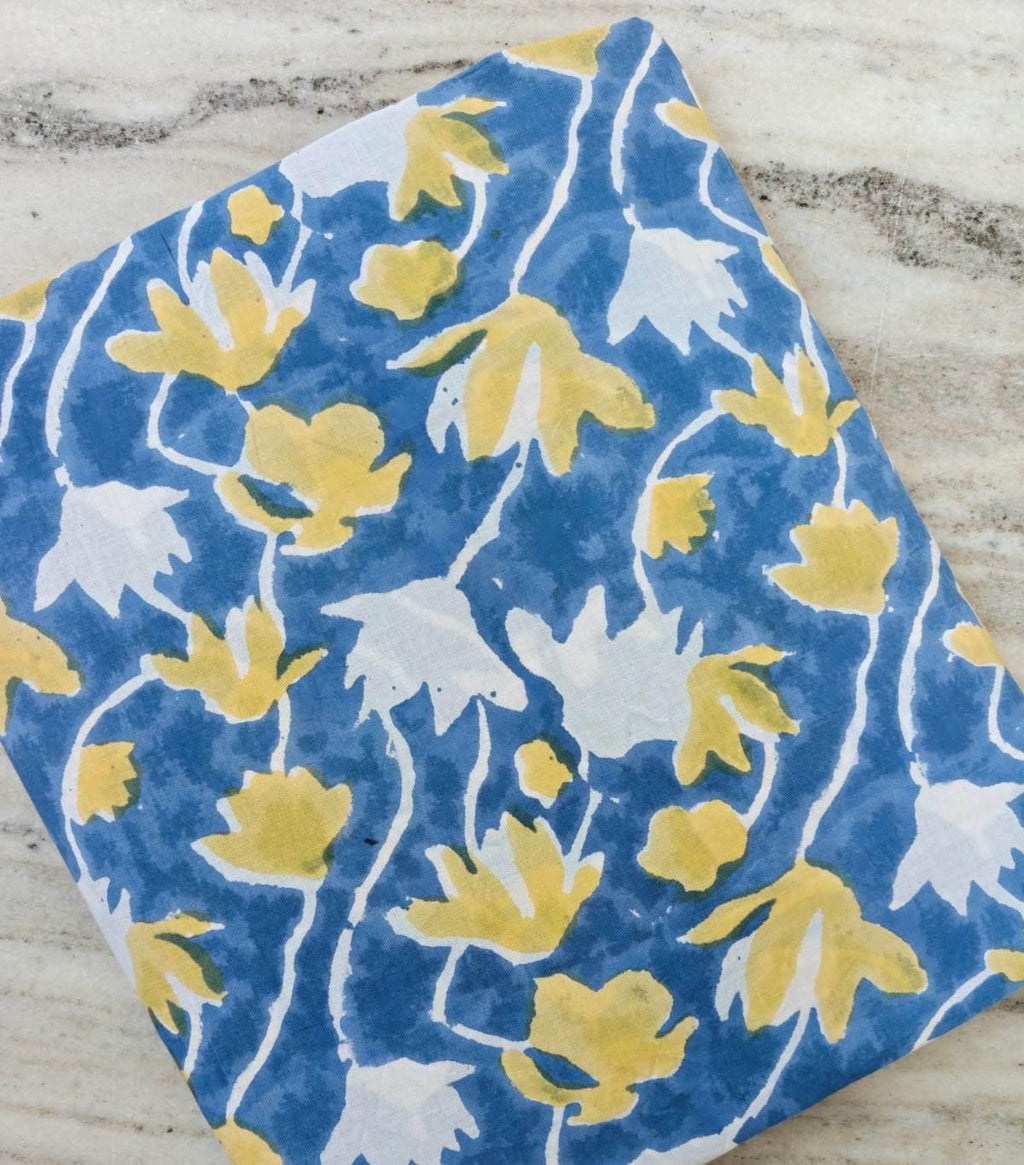 Blue Yellow Floral Cotton Fabric, Hand Block Print Fabric by Yard, Indian Cotton Fabric for Sewing Quilting Dressmaking Upholstery Fabric