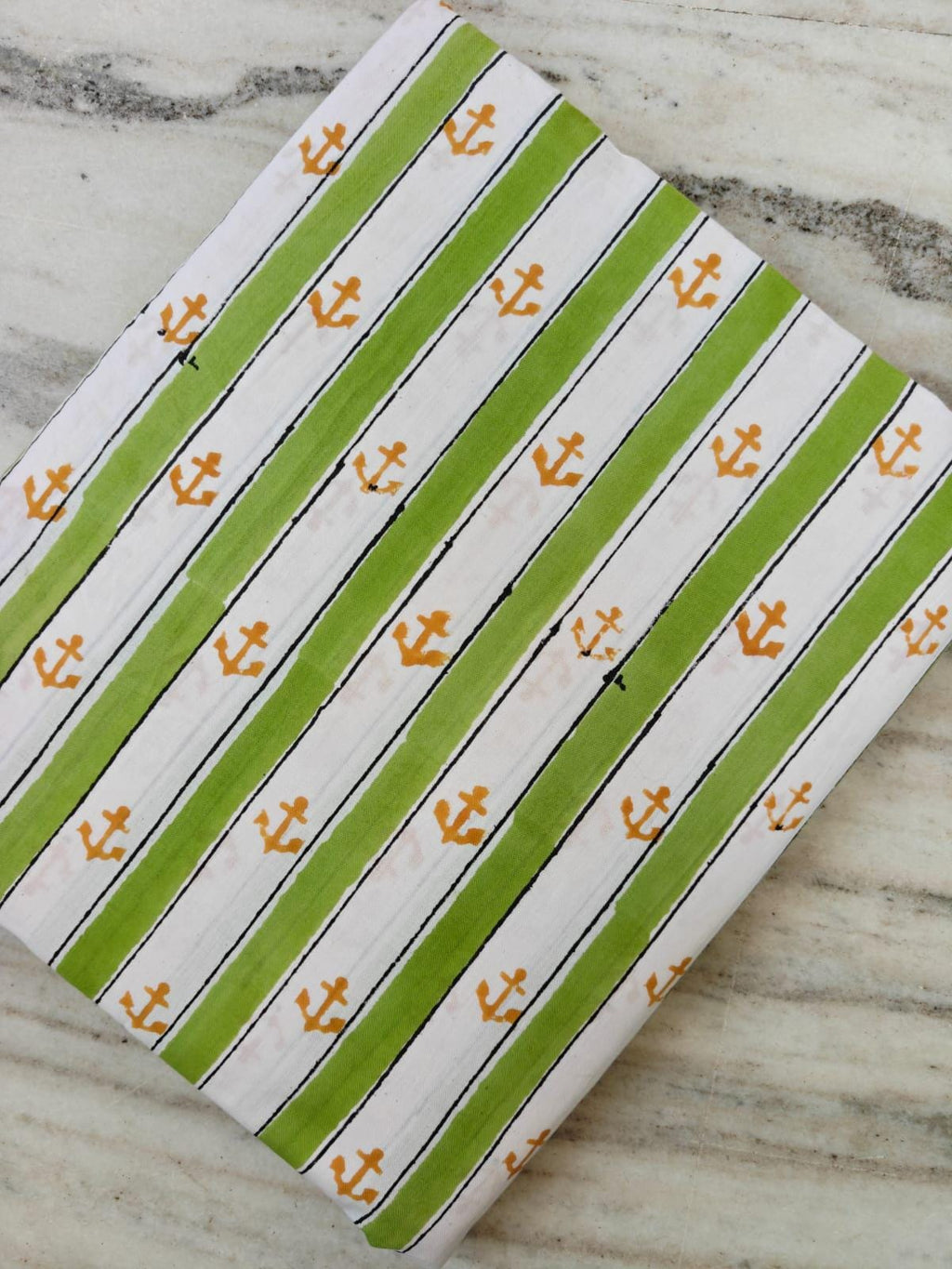 Nautical Anchor Cotton Fabric, Green Stripe Hand Block Print Fabric by Yard, Marine Theme Indian Cotton Fabric Sewing Quilting Beach Decor