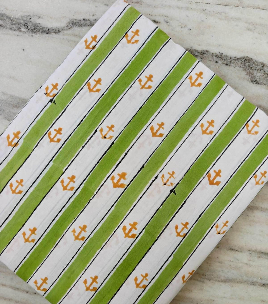 Nautical Anchor Cotton Fabric, Green Stripe Hand Block Print Fabric by Yard, Marine Theme Indian Cotton Fabric Sewing Quilting Beach Decor