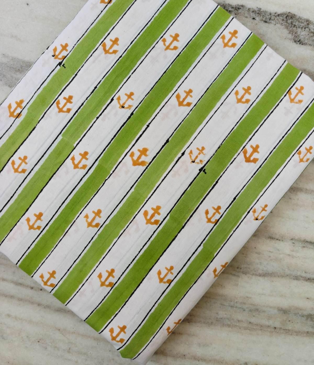 Nautical Anchor Cotton Fabric, Green Stripe Hand Block Print Fabric by Yard, Marine Theme Indian Cotton Fabric Sewing Quilting Beach Decor