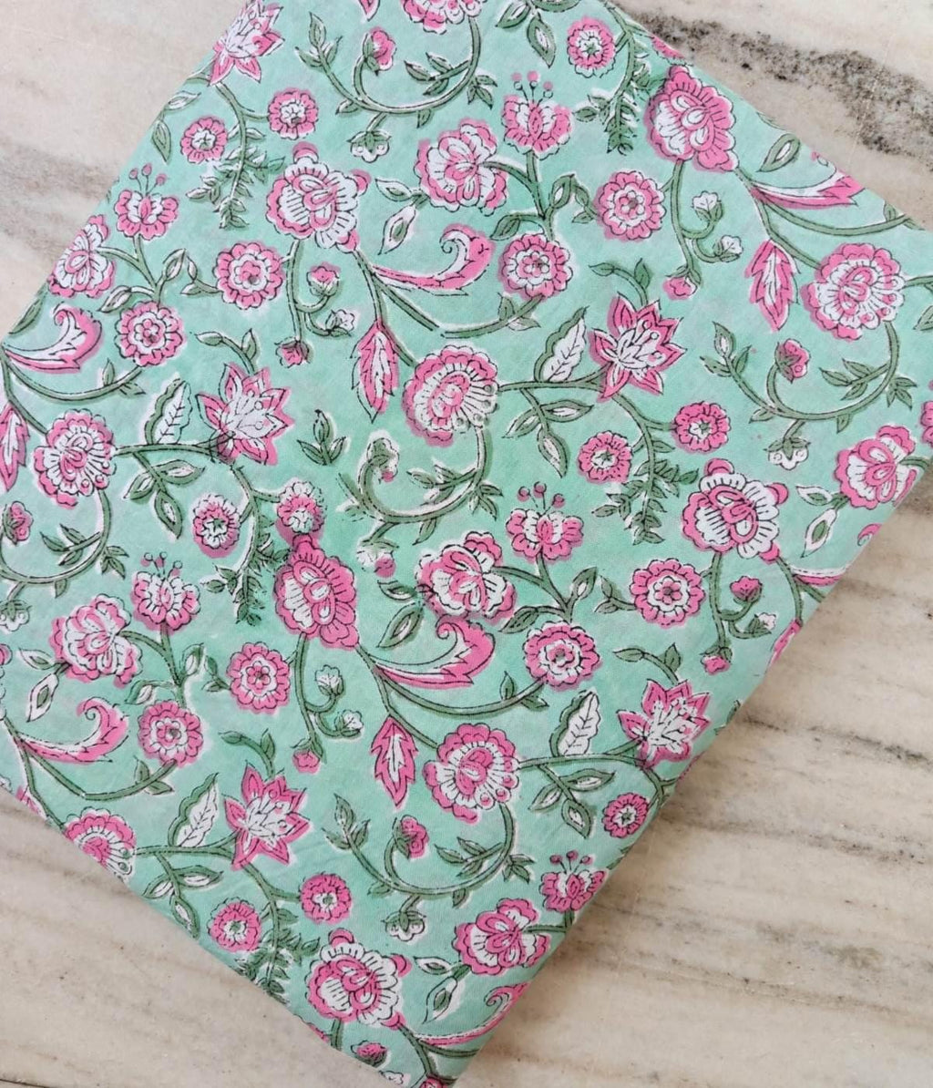 Mint Green Floral Cotton Fabric by the Yard, Hand Block Print Fabric, Pink Flower Indian Cotton Textile, Quilting Sewing Fabric, Home Decor