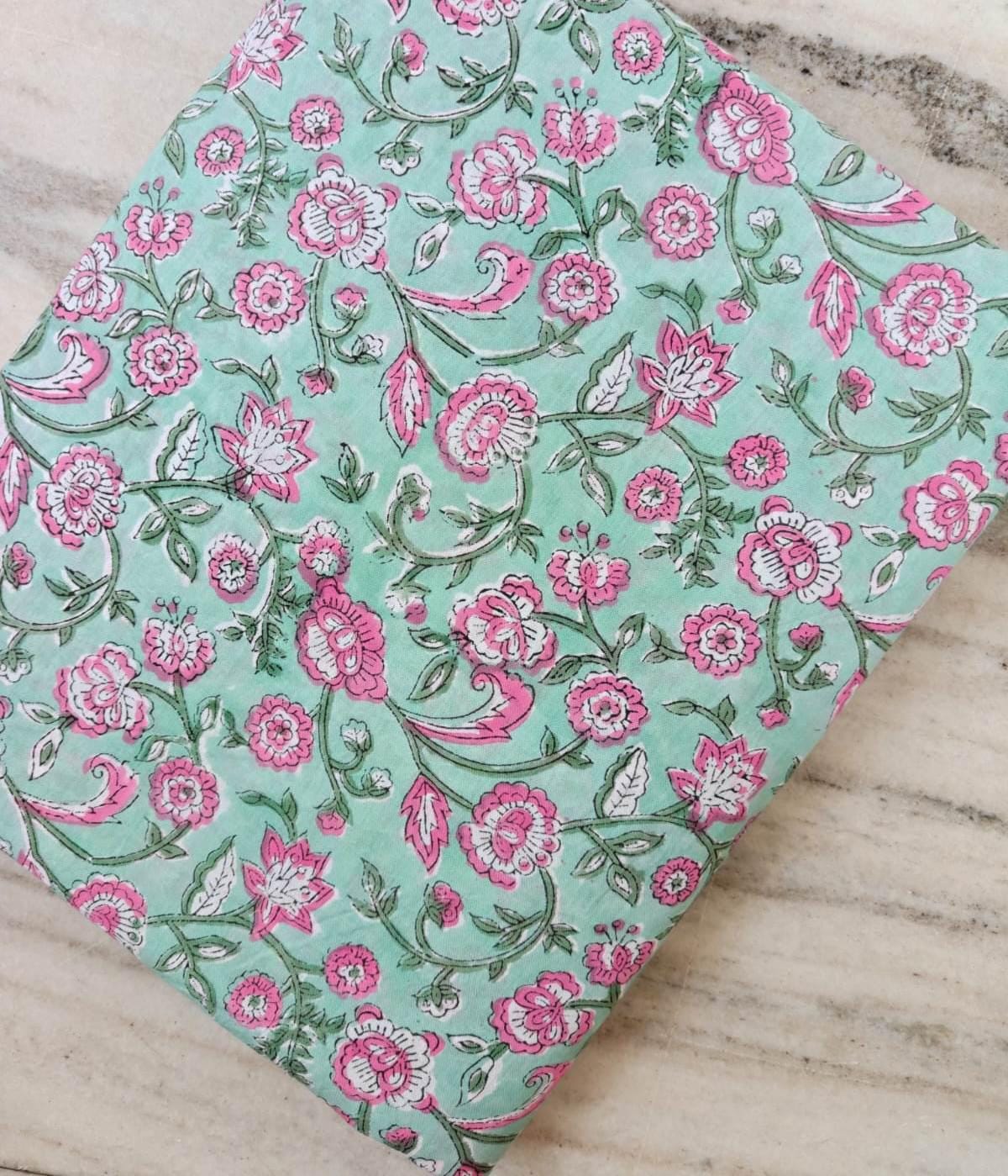 Mint Green Floral Cotton Fabric by the Yard, Hand Block Print Fabric, Pink Flower Indian Cotton Textile, Quilting Sewing Fabric, Home Decor