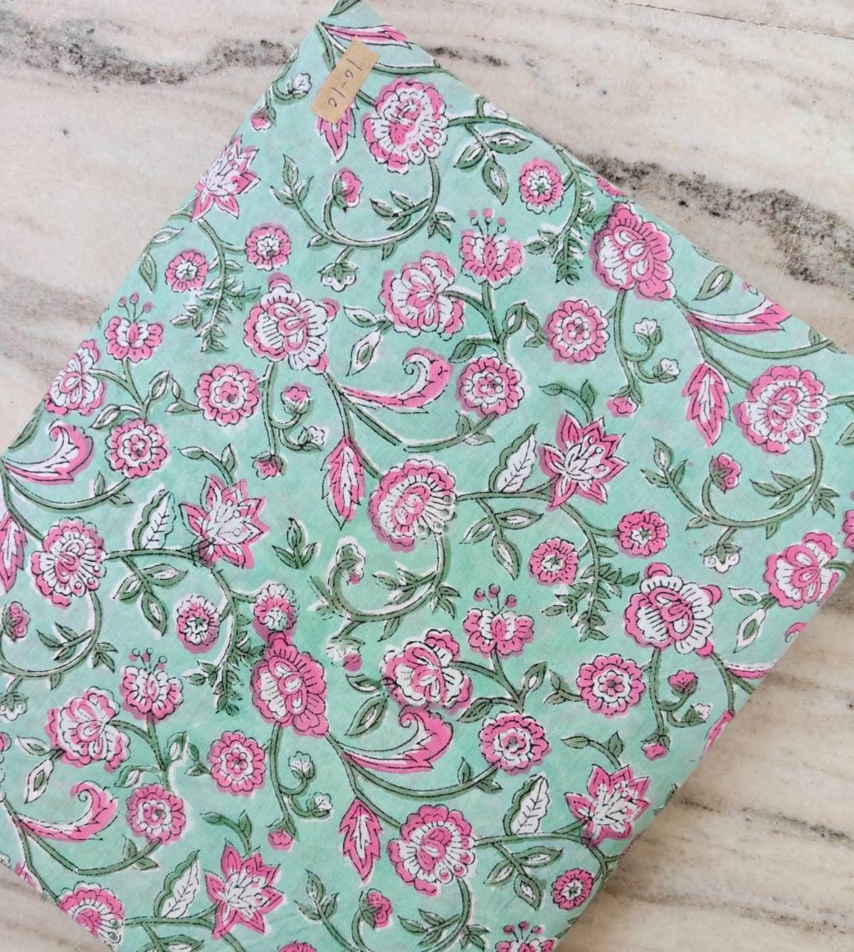 Mint Green Floral Cotton Fabric by the Yard, Hand Block Print Fabric, Pink Flower Indian Cotton Textile, Quilting Sewing Fabric, Home Decor
