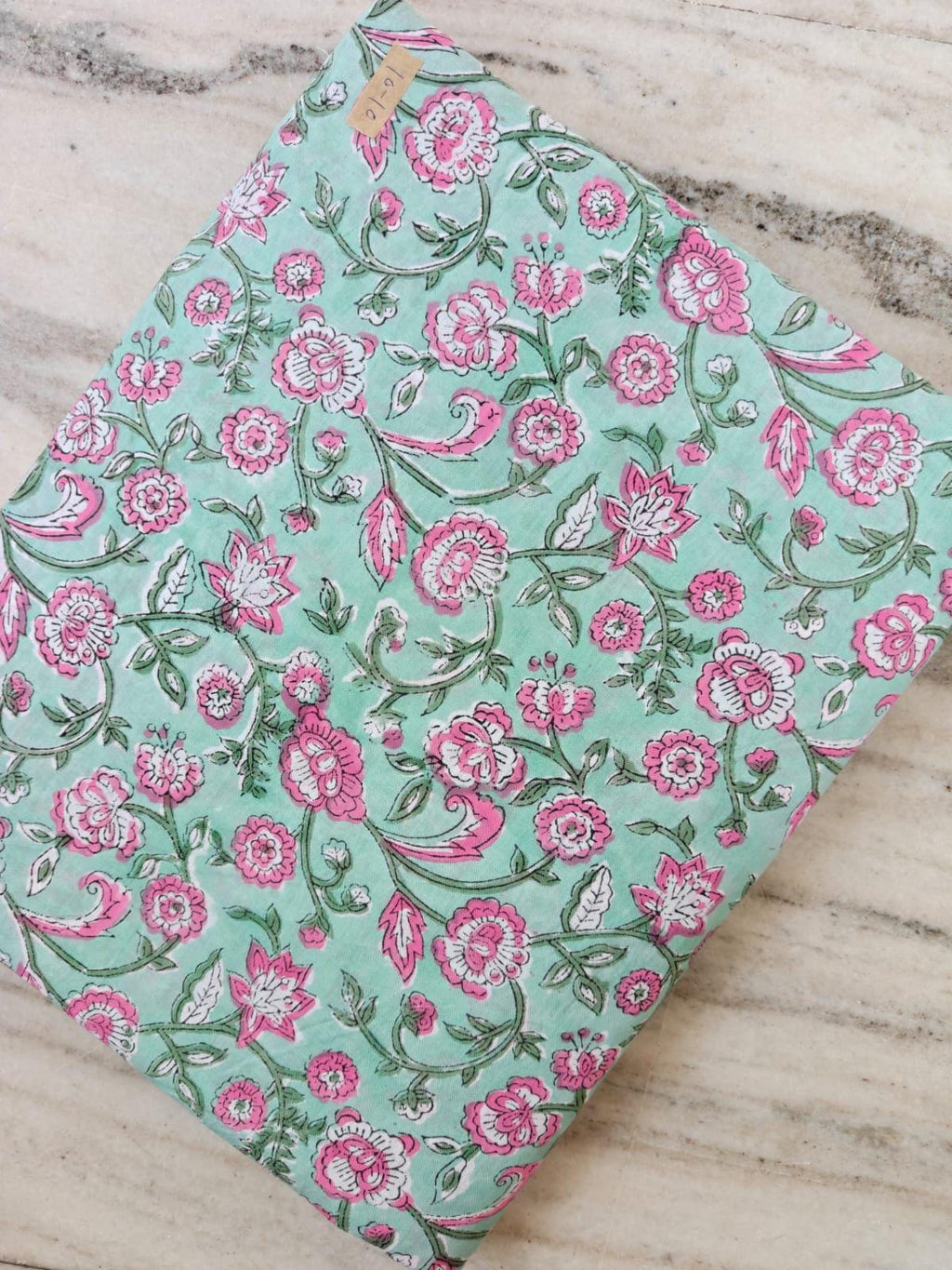 Mint Green Floral Cotton Fabric by the Yard, Hand Block Print Fabric, Pink Flower Indian Cotton Textile, Quilting Sewing Fabric, Home Decor