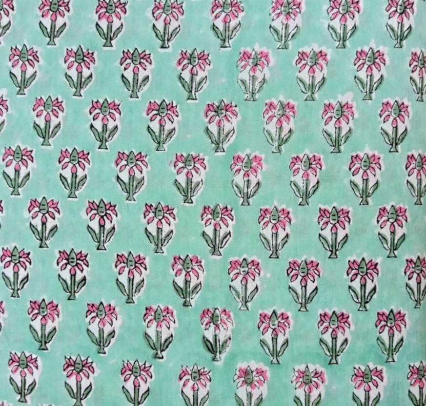 Mint Green Floral Cotton Fabric by the Yard, Hand Block Print Cotton Fabric, Pink Flower Print Fabric, Indian Cotton Textile Quilting Fabric