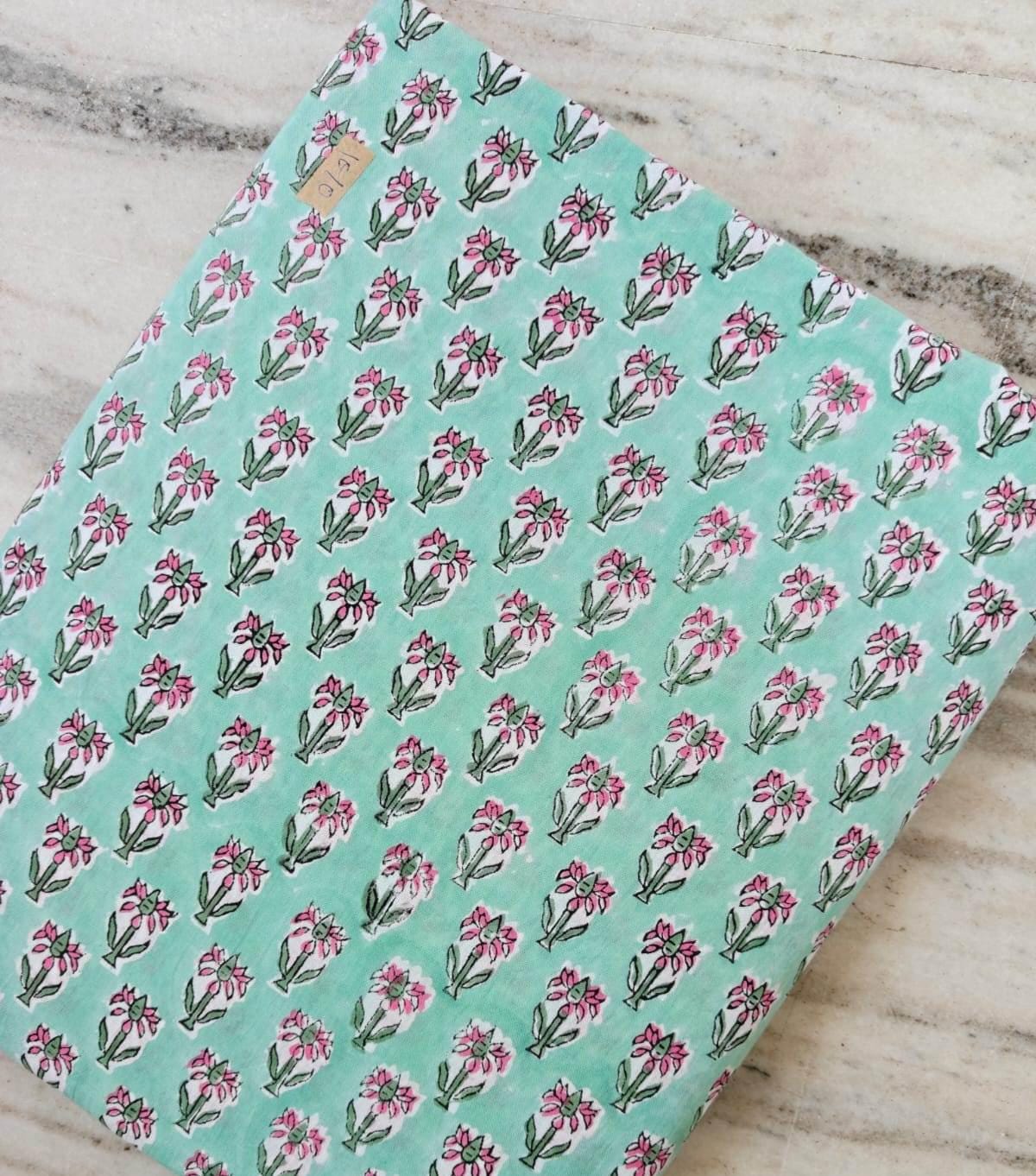 Mint Green Floral Cotton Fabric by the Yard, Hand Block Print Cotton Fabric, Pink Flower Print Fabric, Indian Cotton Textile Quilting Fabric