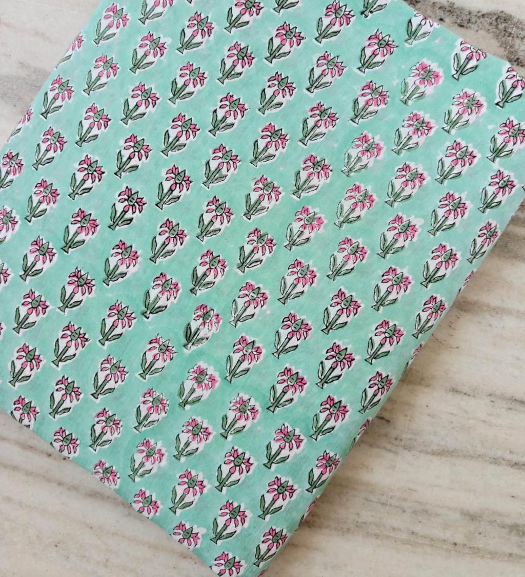 Mint Green Floral Cotton Fabric by the Yard, Hand Block Print Cotton Fabric, Pink Flower Print Fabric, Indian Cotton Textile Quilting Fabric