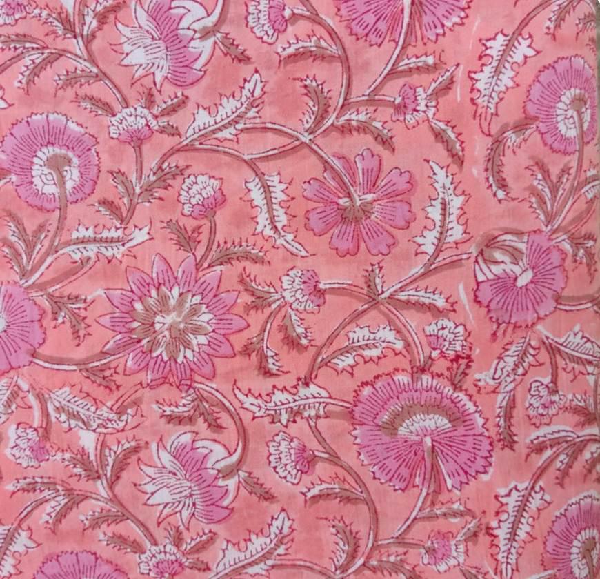 Pink Cotton Fabric by the Yard, Floral 100% Cotton Hand Block Print Floral Fabric, Indian Cotton Textile, Vintage Flower Print Fabric