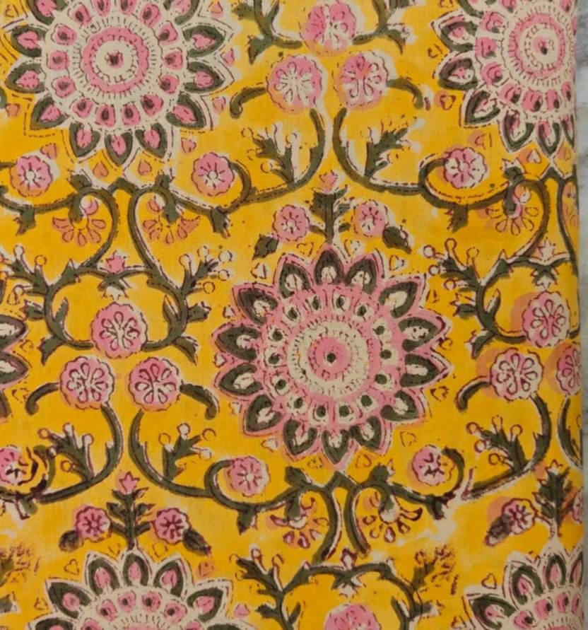 Indian Hand Block Print Fabric, Floral 100% Cotton Quilting Fabric By The Yard, Yellow Fabric, Pink Vine Print Fabric, Loose Running Fabric