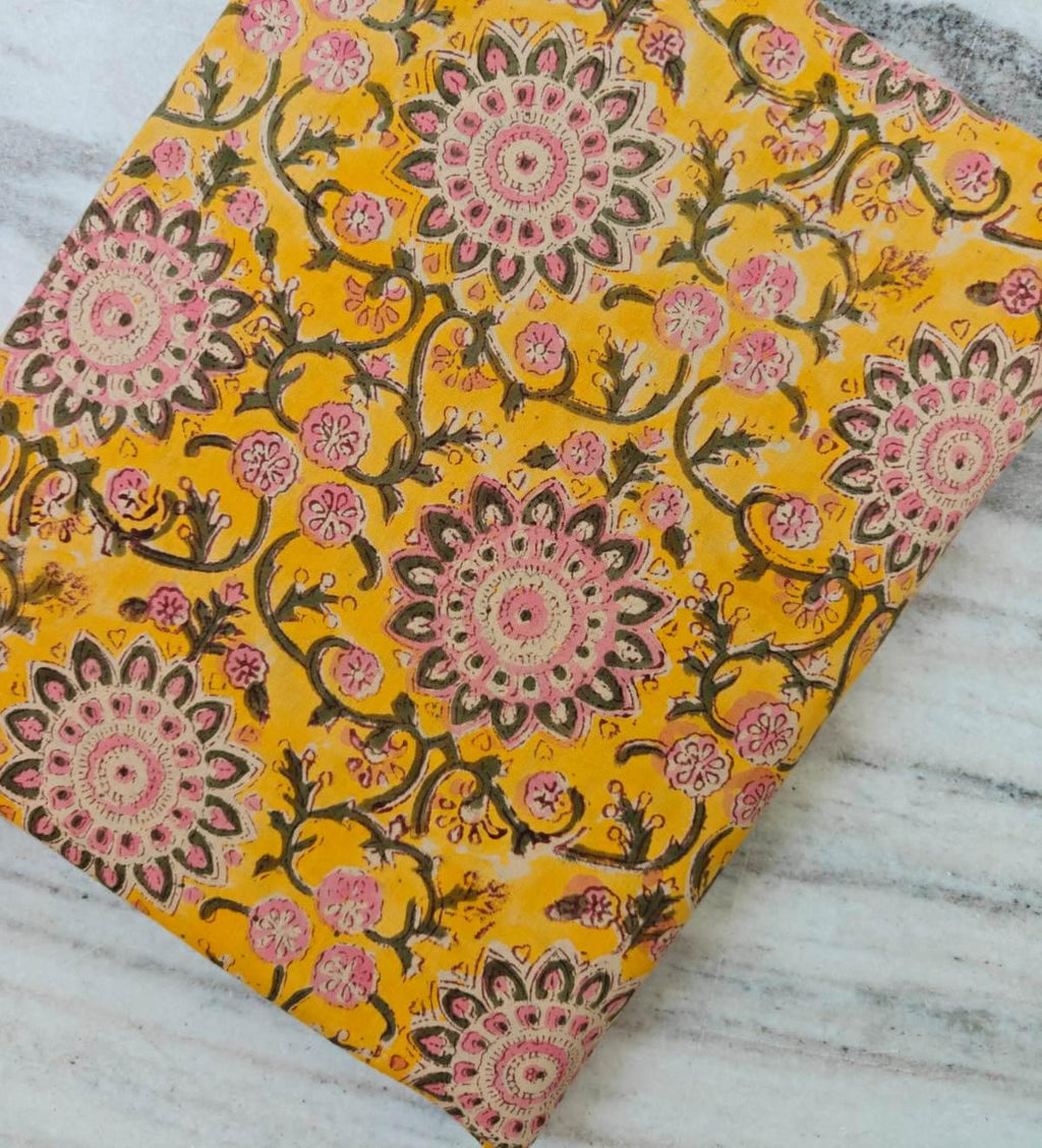 Indian Hand Block Print Fabric, Floral 100% Cotton Quilting Fabric By The Yard, Yellow Fabric, Pink Vine Print Fabric, Loose Running Fabric