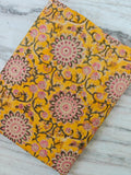 Indian Hand Block Print Fabric, Floral 100% Cotton Quilting Fabric By The Yard, Yellow Fabric, Pink Vine Print Fabric, Loose Running Fabric