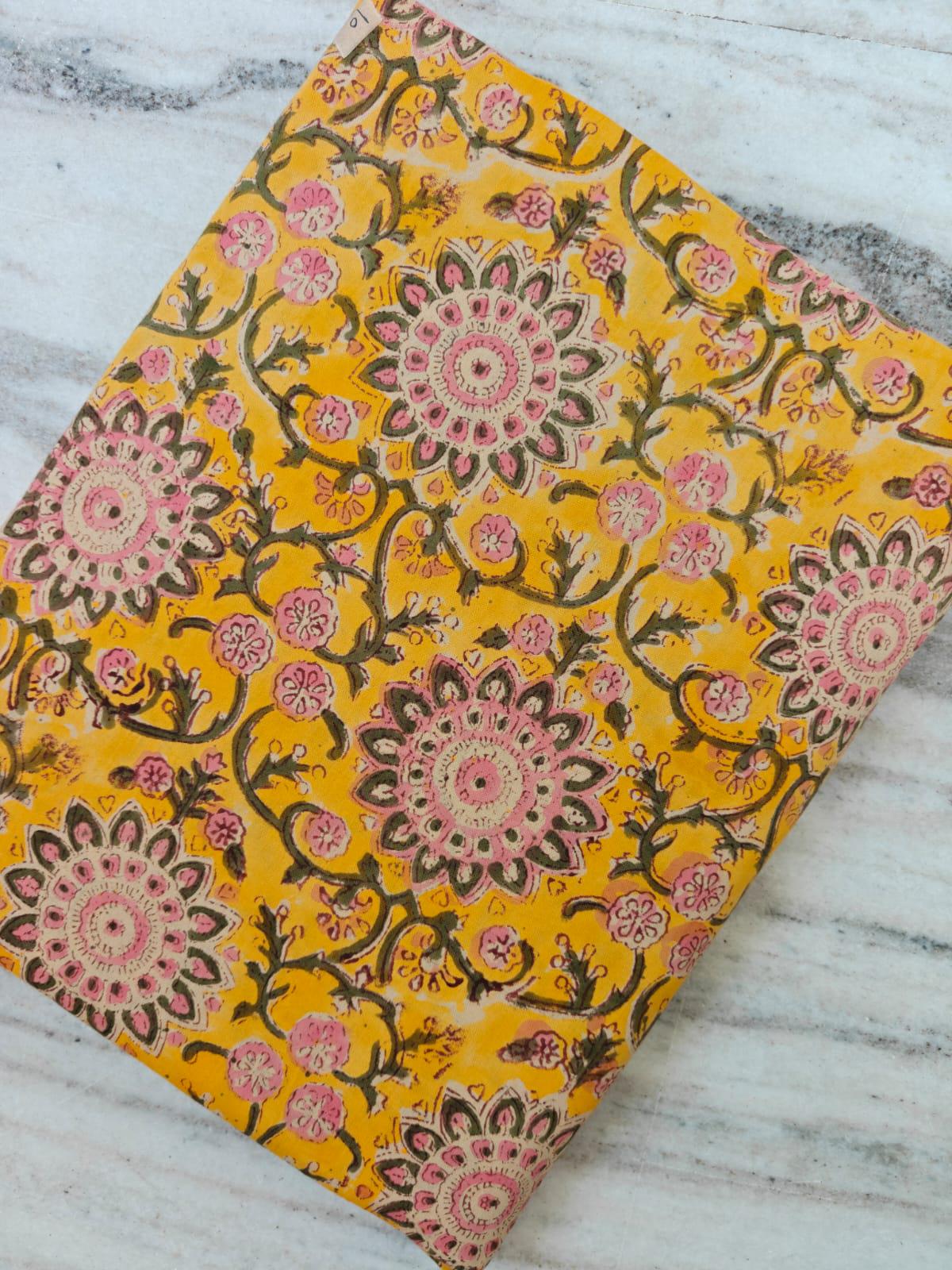Indian Hand Block Print Fabric, Floral 100% Cotton Quilting Fabric By The Yard, Yellow Fabric, Pink Vine Print Fabric, Loose Running Fabric
