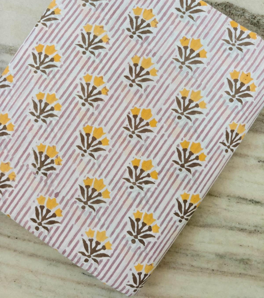 Hand Block Print Cotton Fabric by the Yard, Pink Stripe Floral Cotton Fabric, Indian Cotton Textile, Yellow Flower Print Fabric for Sewing