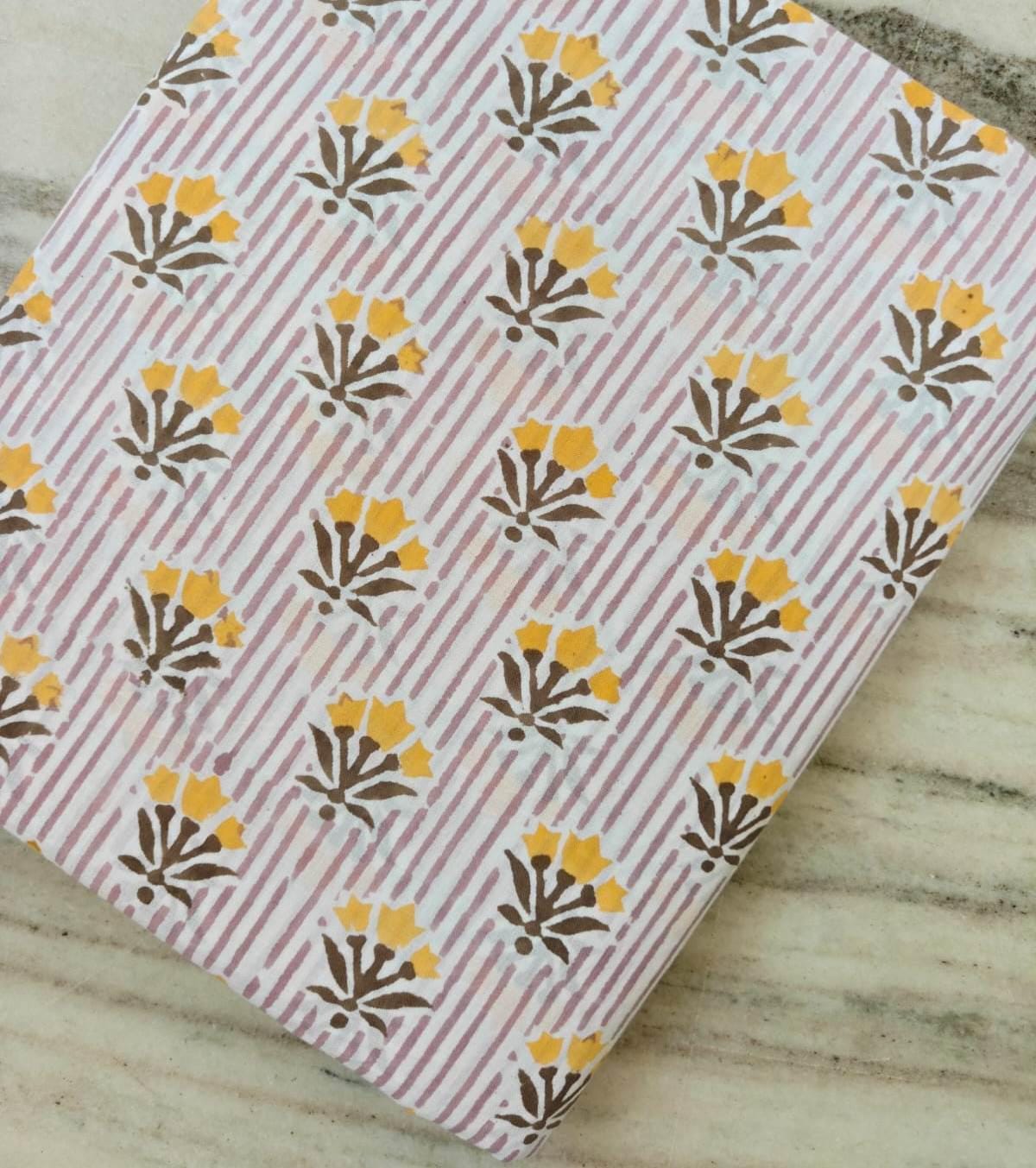 Hand Block Print Cotton Fabric by the Yard, Pink Stripe Floral Cotton Fabric, Indian Cotton Textile, Yellow Flower Print Fabric for Sewing
