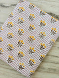 Hand Block Print Cotton Fabric by the Yard, Pink Stripe Floral Cotton Fabric, Indian Cotton Textile, Yellow Flower Print Fabric for Sewing