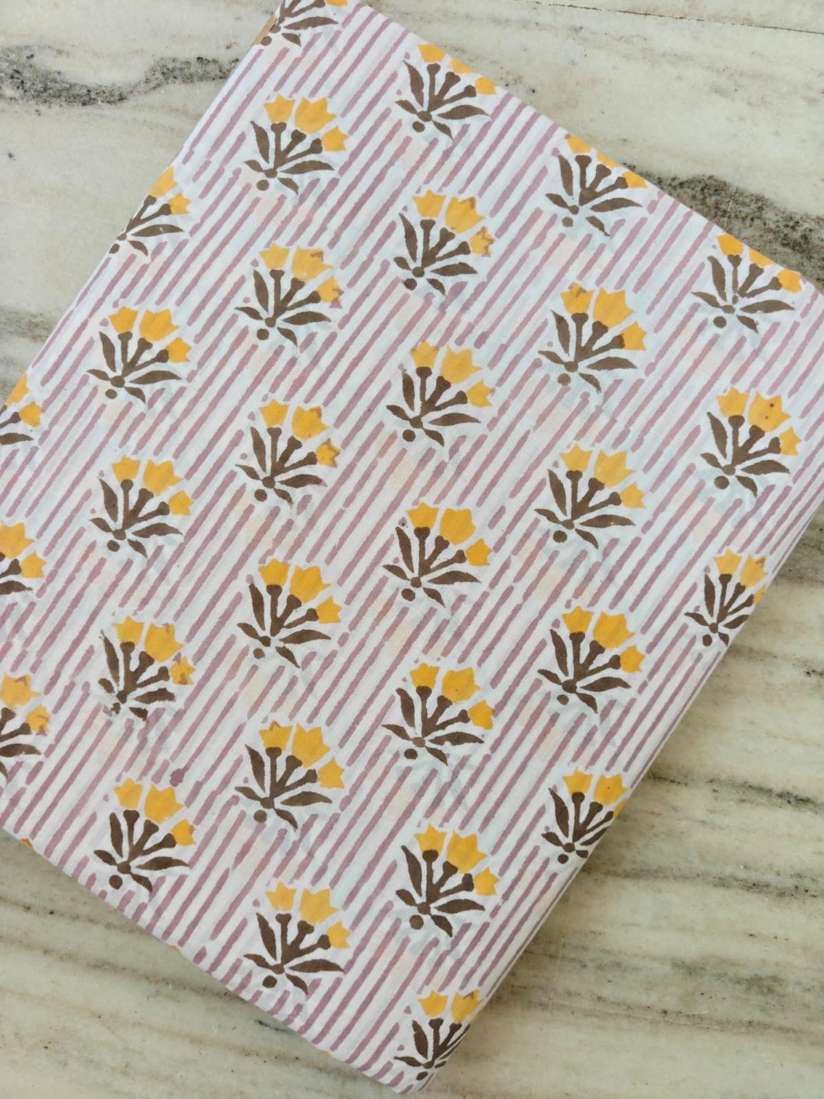 Hand Block Print Cotton Fabric by the Yard, Pink Stripe Floral Cotton Fabric, Indian Cotton Textile, Yellow Flower Print Fabric for Sewing