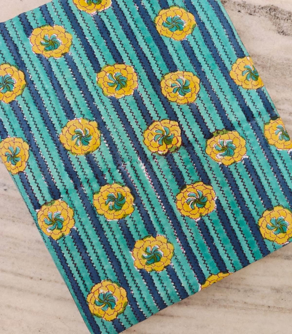 Turquoise Blue & Yellow Floral Cotton Fabric by the Yard, Block Print Style Fabric, Striped Flower Cotton Material, Sewing Quilting Fabric