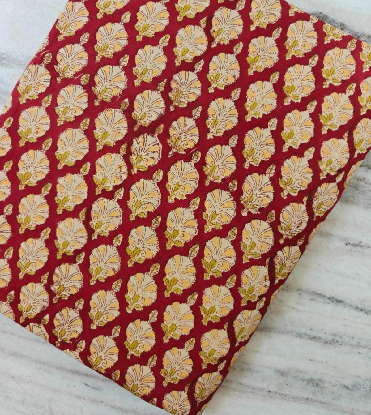Red Floral Block Print Cotton Fabric by Yard, Hand Block Printed Indian Cotton Fabric, Buti Print Textile Sewing Quilting Dressmaking Fabric