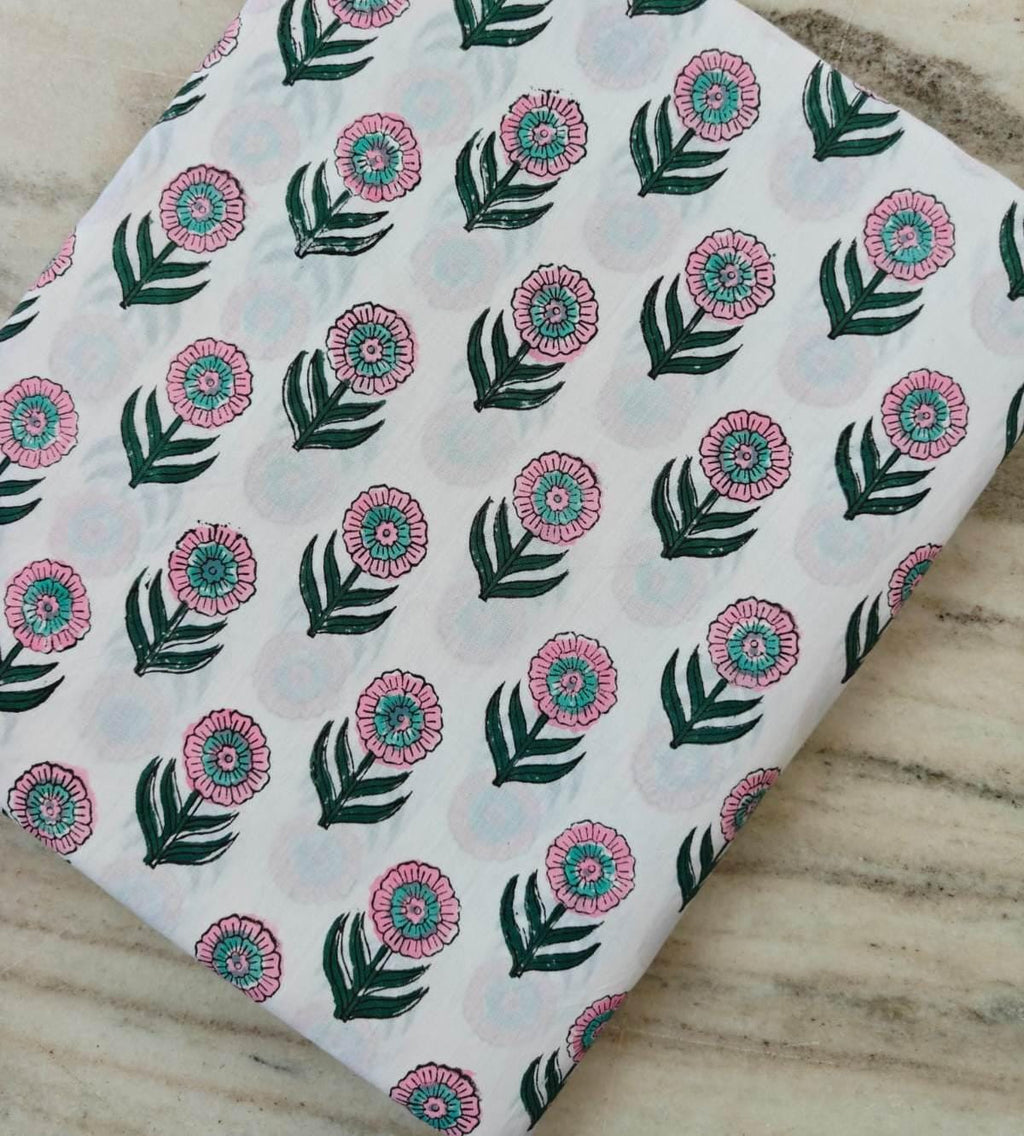 Pink Floral Cotton Fabric by Yard, Hand Block Print Fabric, Indian Cotton Fabric, Flower Print Material, Sewing Fabric, Soft Cotton Textile