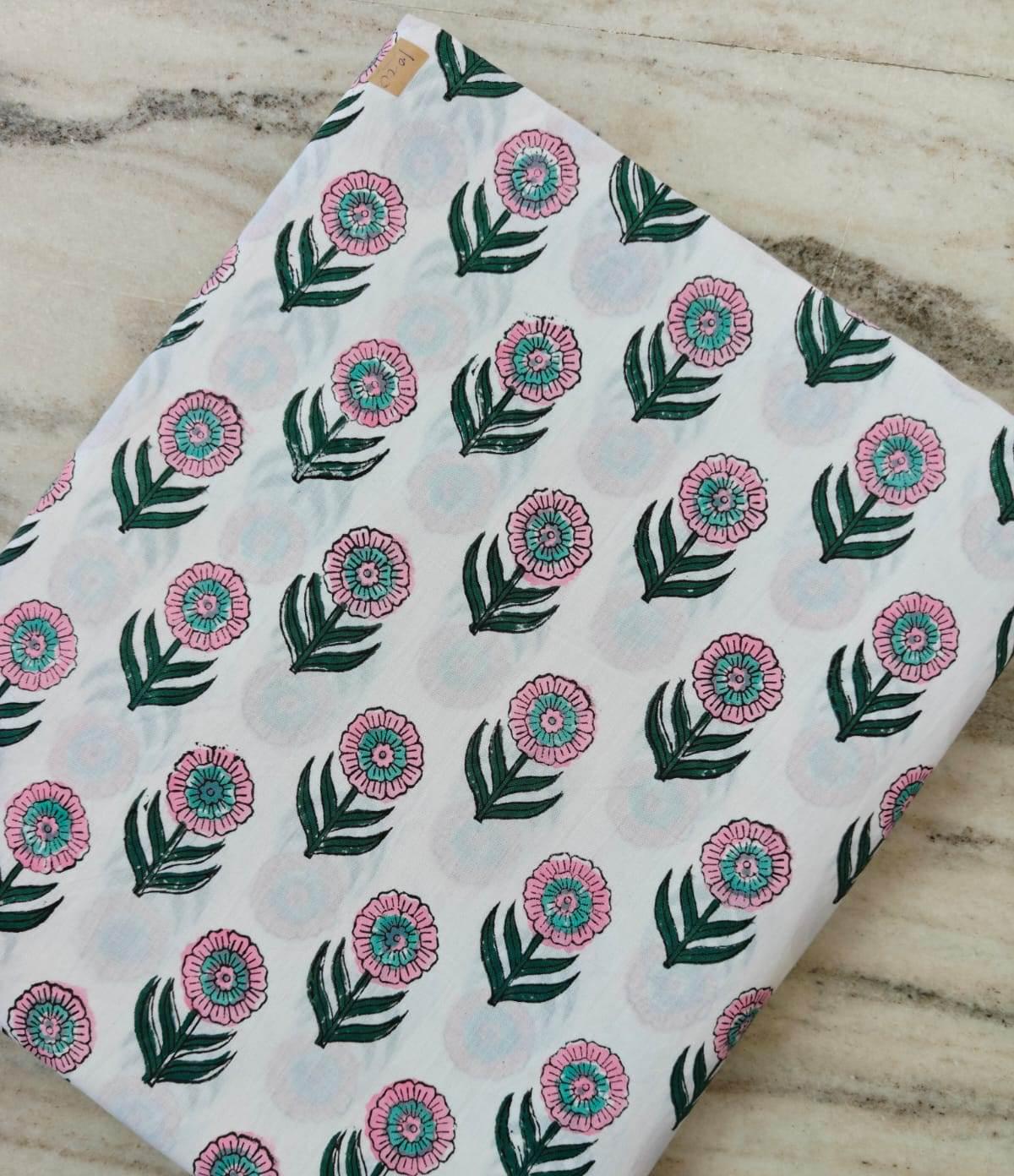 Pink Floral Cotton Fabric by Yard, Hand Block Print Fabric, Indian Cotton Fabric, Flower Print Material, Sewing Fabric, Soft Cotton Textile