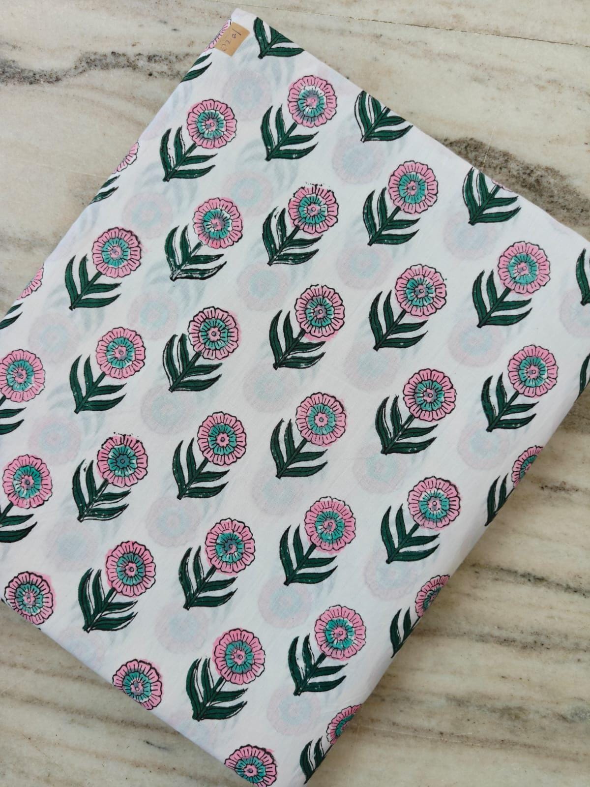 Pink Floral Cotton Fabric by Yard, Hand Block Print Fabric, Indian Cotton Fabric, Flower Print Material, Sewing Fabric, Soft Cotton Textile