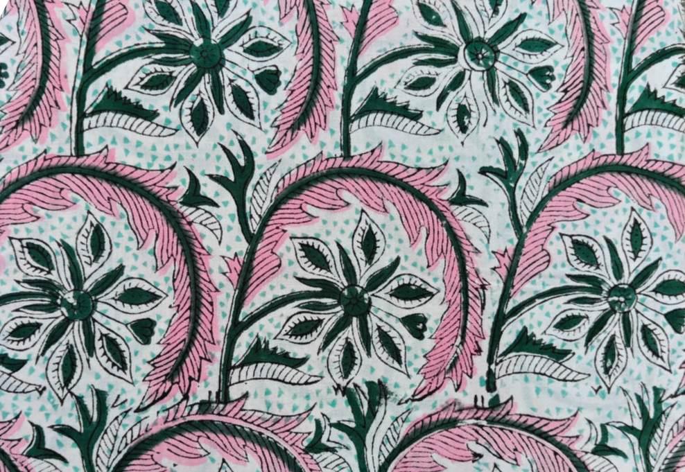 Pink Floral Block Print Cotton Fabric by Yard, Indian Hand Block Printed Fabric, Botanical Cotton Textile Quilting Sewing Dressmaking Fabric
