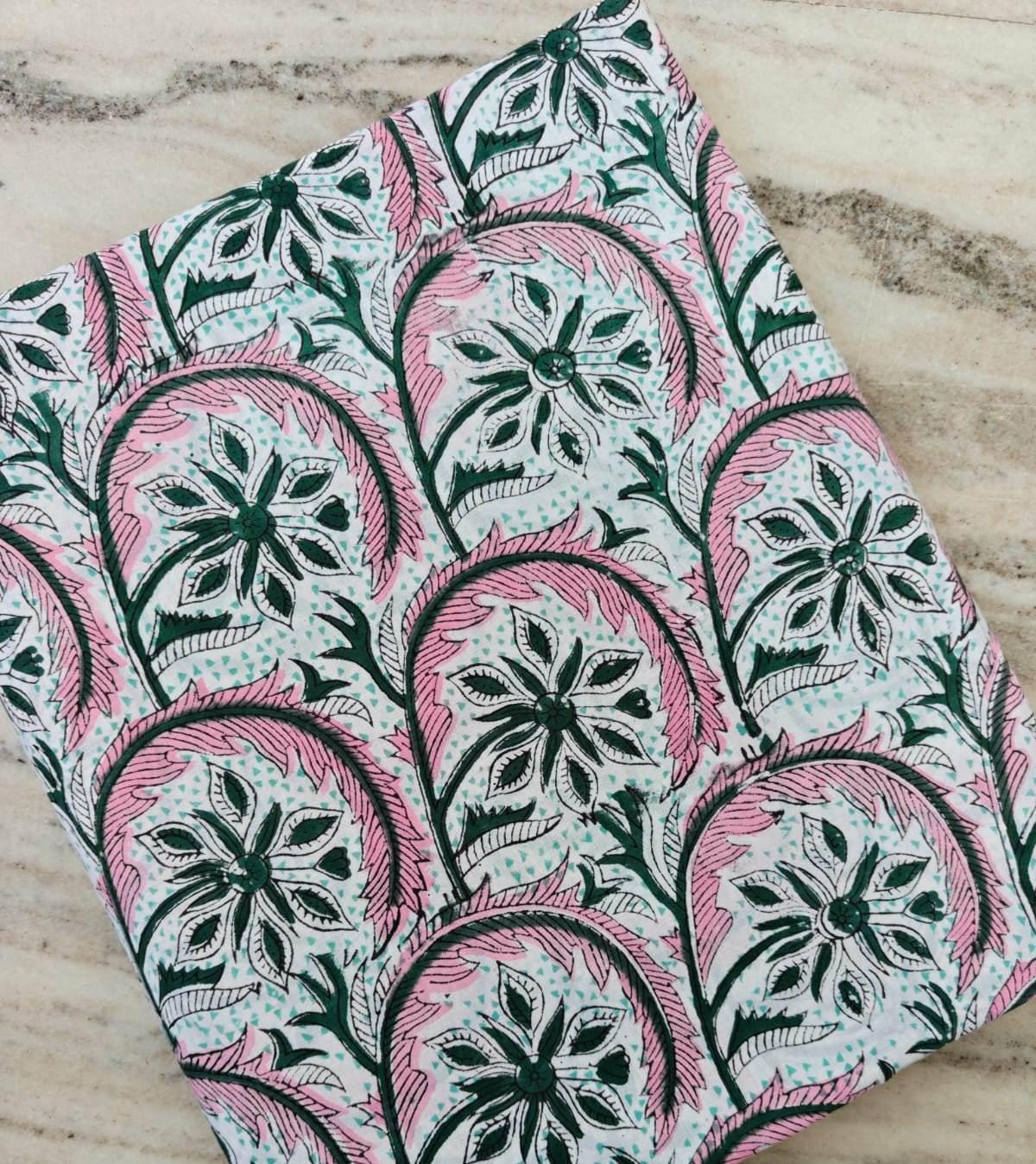 Pink Floral Block Print Cotton Fabric by Yard, Indian Hand Block Printed Fabric, Botanical Cotton Textile Quilting Sewing Dressmaking Fabric