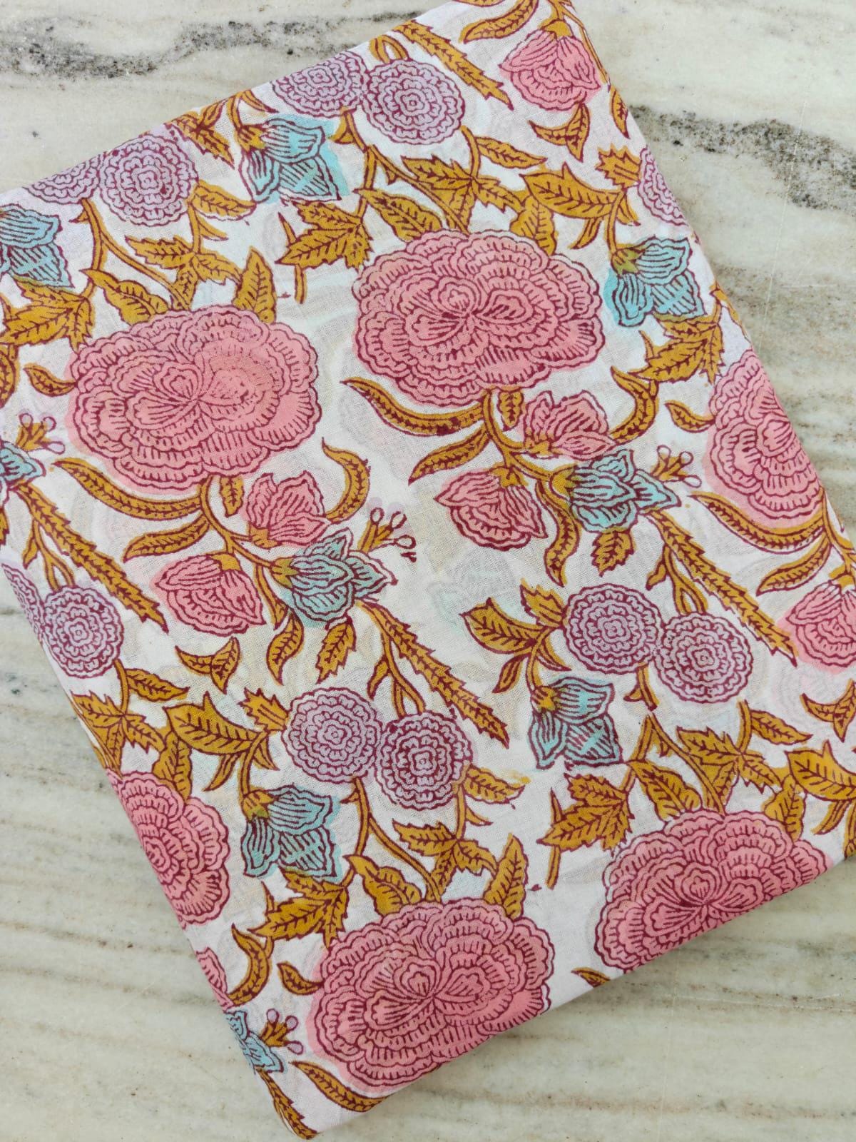 New Arrival Pink Floral Cotton Fabric by The Yard, Hand Block Print Fabric, Indian Cotton Fabric, Flower Print Fabric, Dressmaking Fabric