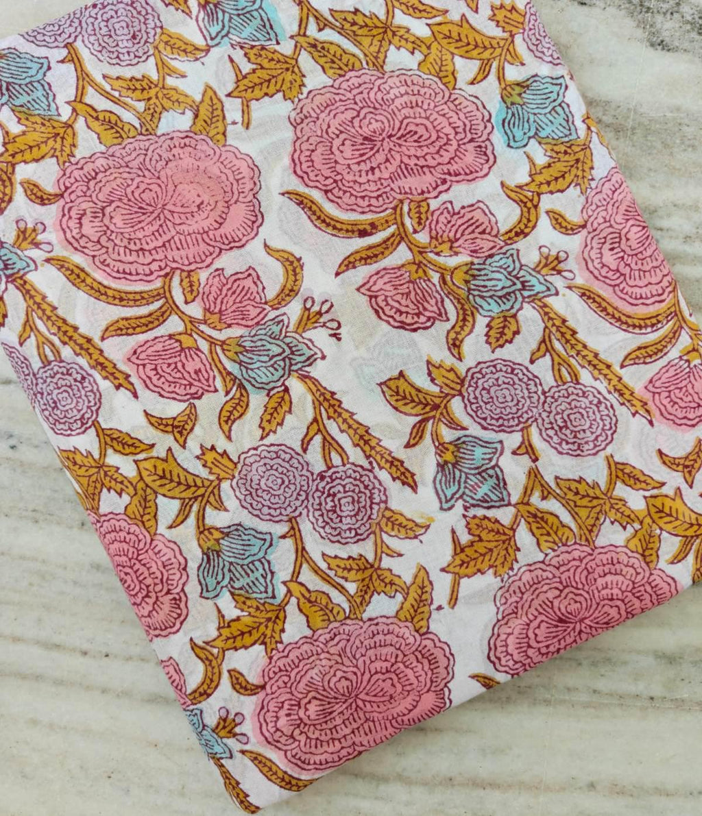 New Arrival Pink Floral Cotton Fabric by The Yard, Hand Block Print Fabric, Indian Cotton Fabric, Flower Print Fabric, Dressmaking Fabric