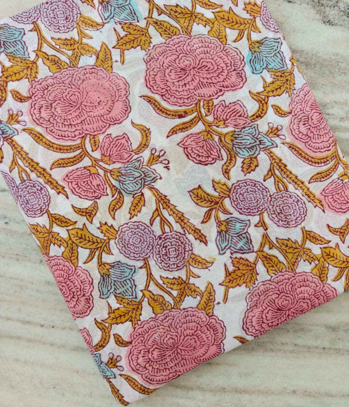 New Arrival Pink Floral Cotton Fabric by The Yard, Hand Block Print Fabric, Indian Cotton Fabric, Flower Print Fabric, Dressmaking Fabric