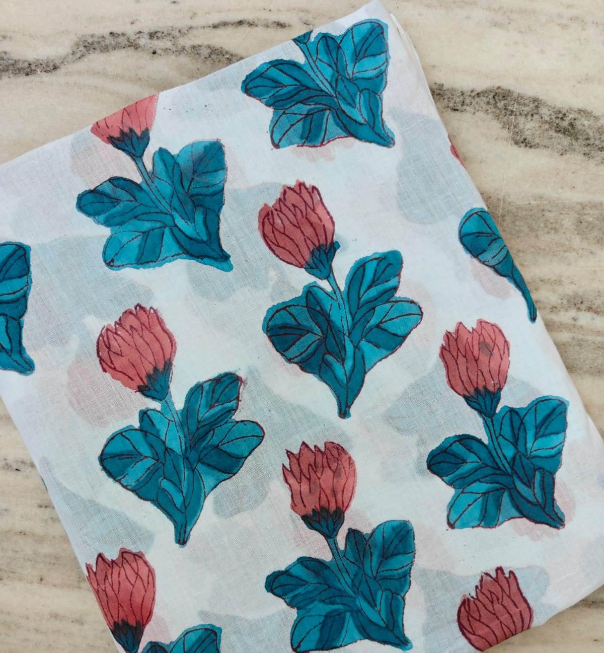 New Arrival Floral Cotton Fabric by the Yard, Hand Block Print Cotton Fabric, Blue Leaf Pink Flower Fabric, Indian Dressmaking Cotton Fabric