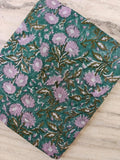 Hand Block Print Cotton Fabric by Yard Teal Green Floral Fabric Pink Flower Indian Cotton Handmade Quilting Sewing Craft Fabric Home Decor