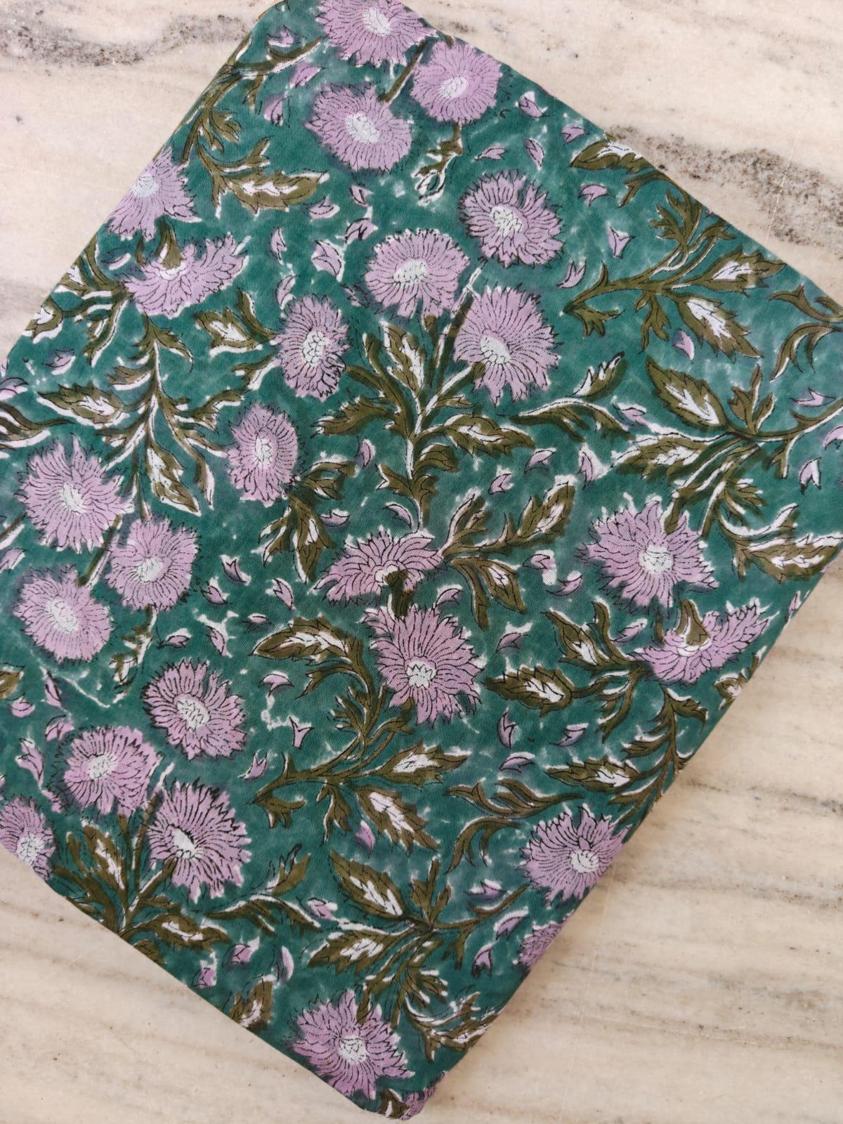 Hand Block Print Cotton Fabric by Yard Teal Green Floral Fabric Pink Flower Indian Cotton Handmade Quilting Sewing Craft Fabric Home Decor