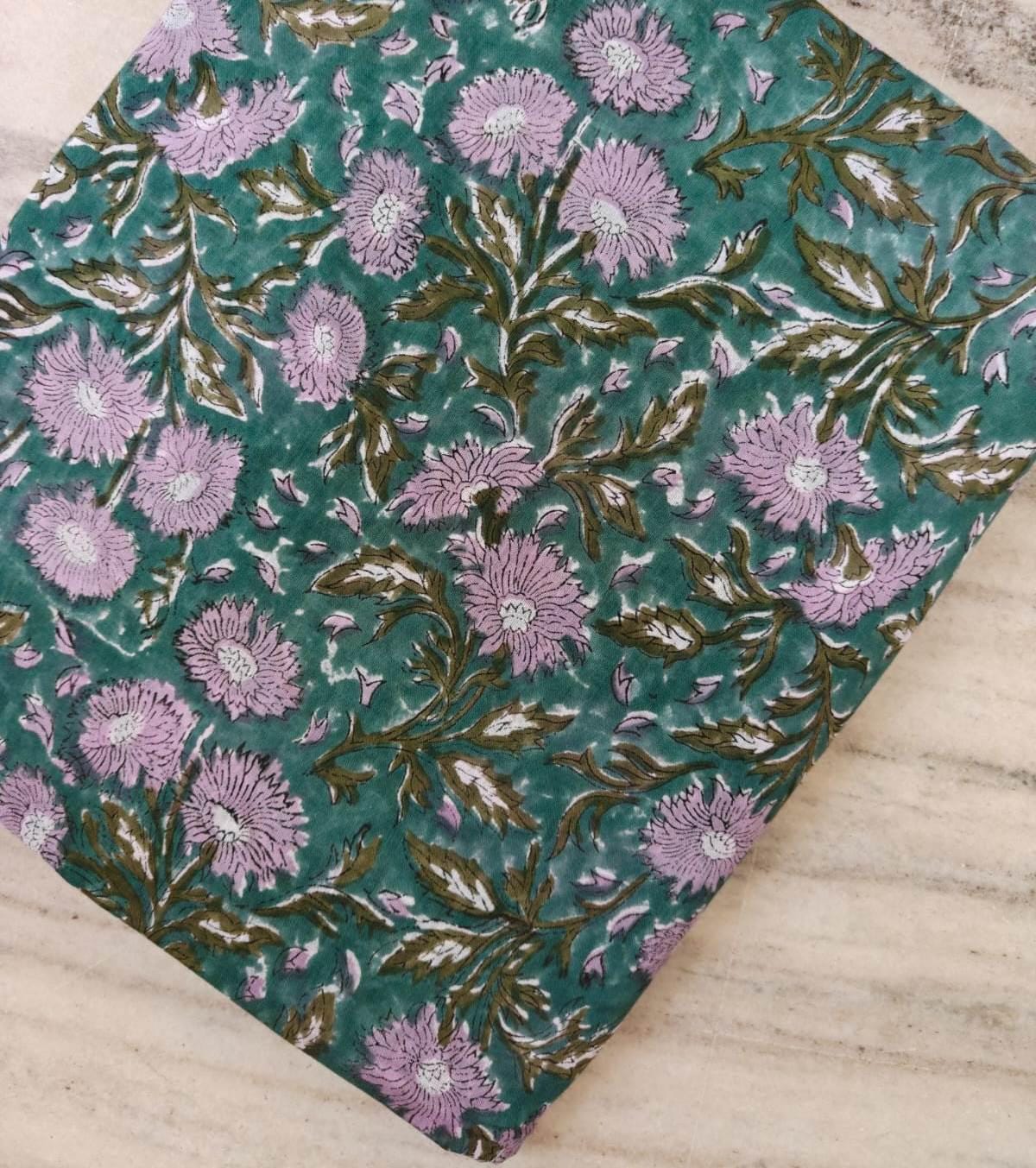 Hand Block Print Cotton Fabric by Yard Teal Green Floral Fabric Pink Flower Indian Cotton Handmade Quilting Sewing Craft Fabric Home Decor