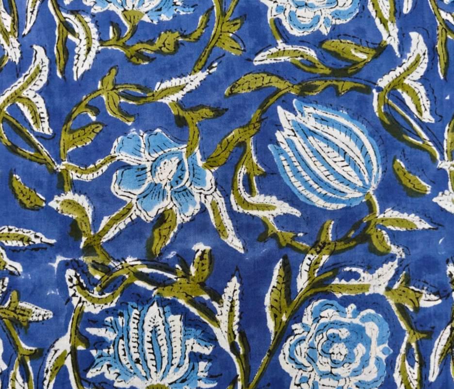 Royal Blue Floral Cotton By The Fabric, Handmade Block Printed Indian Textile, Soft Cotton Fabric for Dressmaking, Quilts, Crafts Home Decor