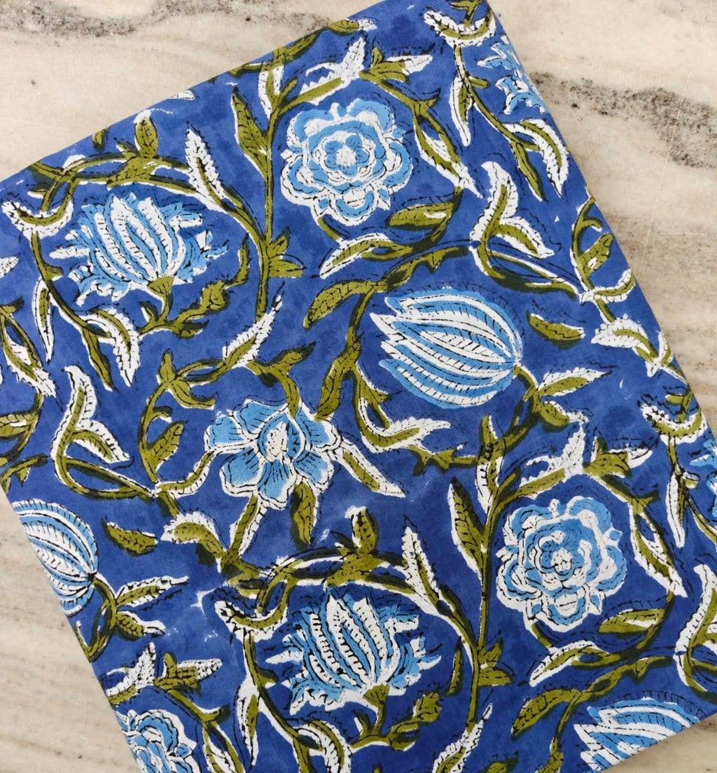 Royal Blue Floral Cotton By The Fabric, Handmade Block Printed Indian Textile, Soft Cotton Fabric for Dressmaking, Quilts, Crafts Home Decor