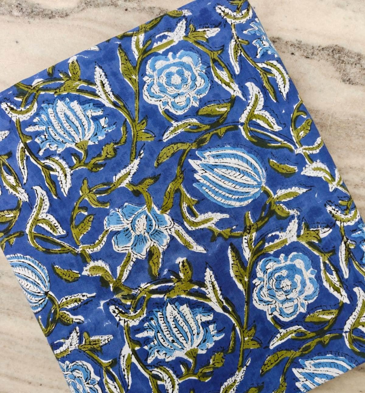 Royal Blue Floral Cotton By The Fabric, Handmade Block Printed Indian Textile, Soft Cotton Fabric for Dressmaking, Quilts, Crafts Home Decor