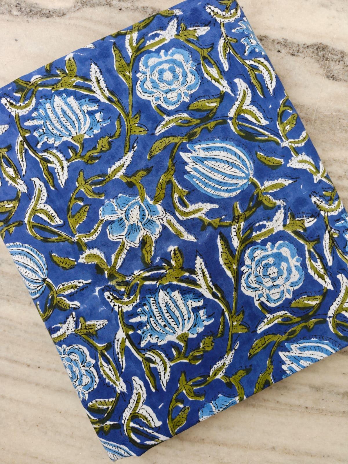 Royal Blue Floral Cotton By The Fabric, Handmade Block Printed Indian Textile, Soft Cotton Fabric for Dressmaking, Quilts, Crafts Home Decor