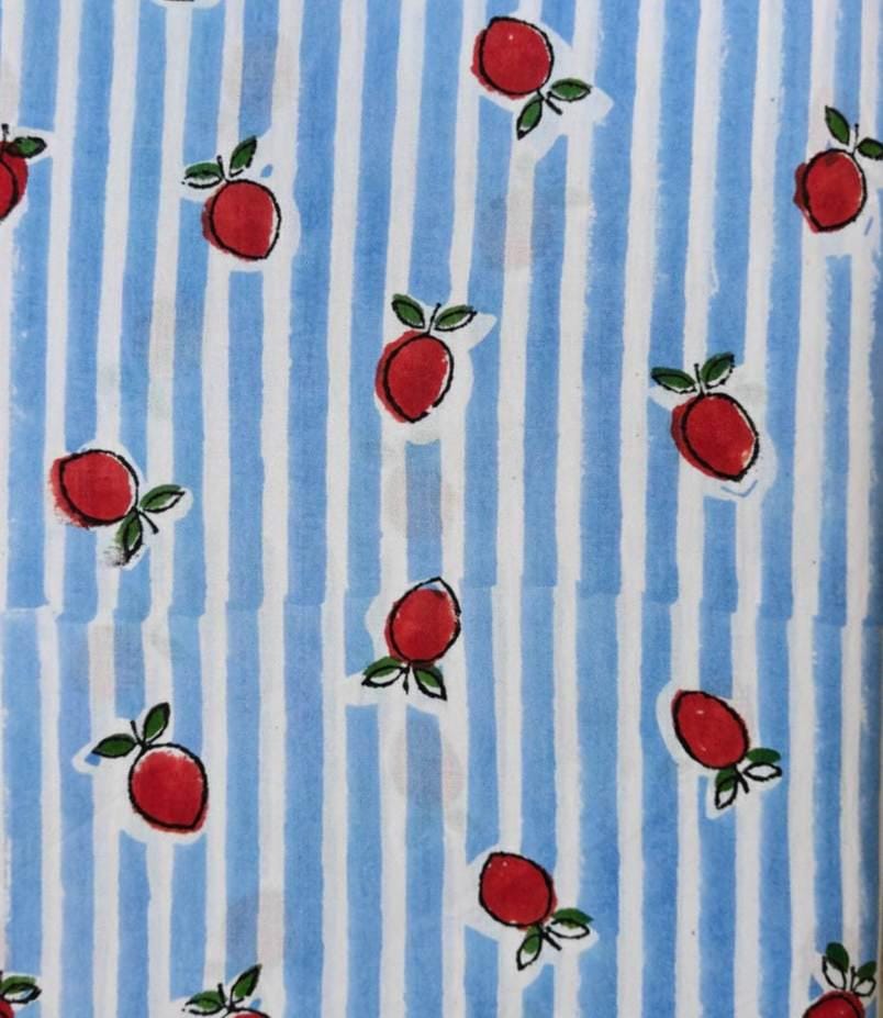 Blue Stripe Strawberry Cotton Fabric, Hand Block Print Fabric, Fruit Print Cotton Material, Quilting Fabric Dressmaking Fabric Sewing Fabric