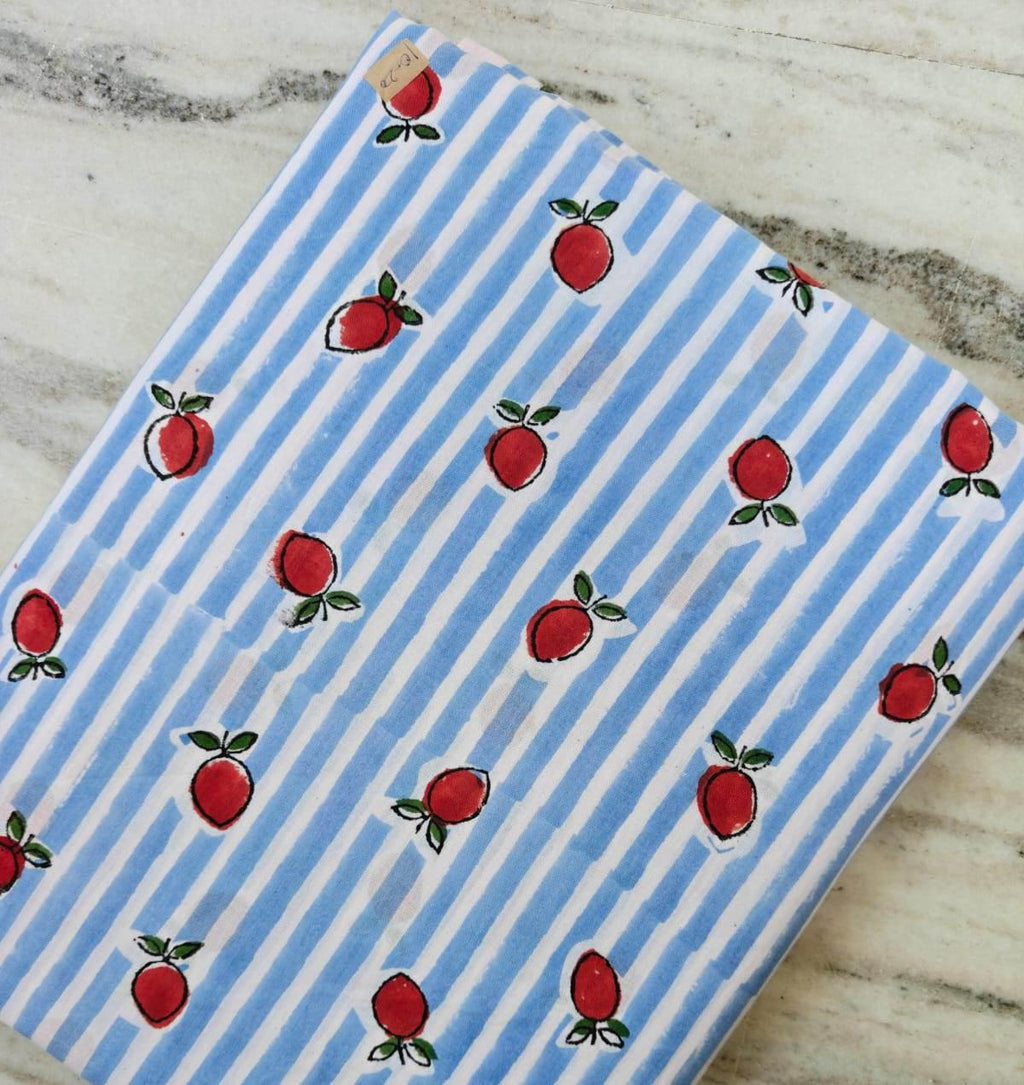 Blue Stripe Strawberry Cotton Fabric, Hand Block Print Fabric, Fruit Print Cotton Material, Quilting Fabric Dressmaking Fabric Sewing Fabric