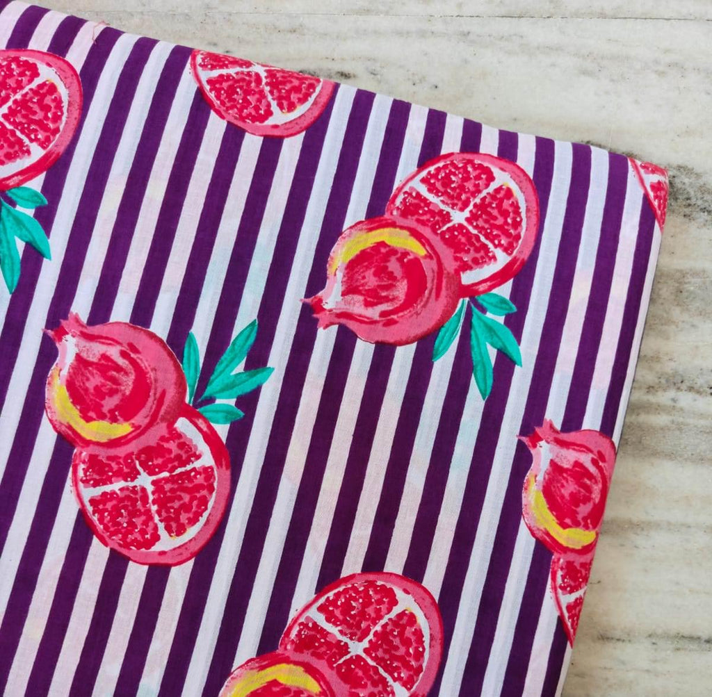 Pomegranate Cotton Fabric, Purple Stripe Fruit Print Fabric Hand Block Print Cotton Material, Quilting Fabric, Dressmaking Upholstery Fabric