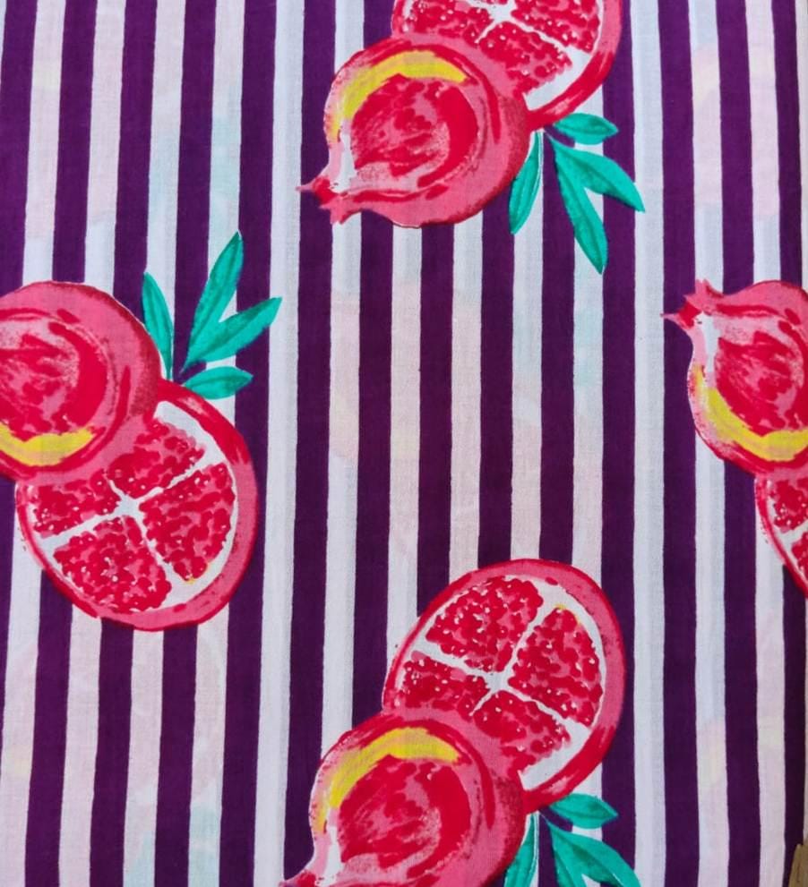 Pomegranate Cotton Fabric, Purple Stripe Fruit Print Fabric Hand Block Print Cotton Material, Quilting Fabric, Dressmaking Upholstery Fabric
