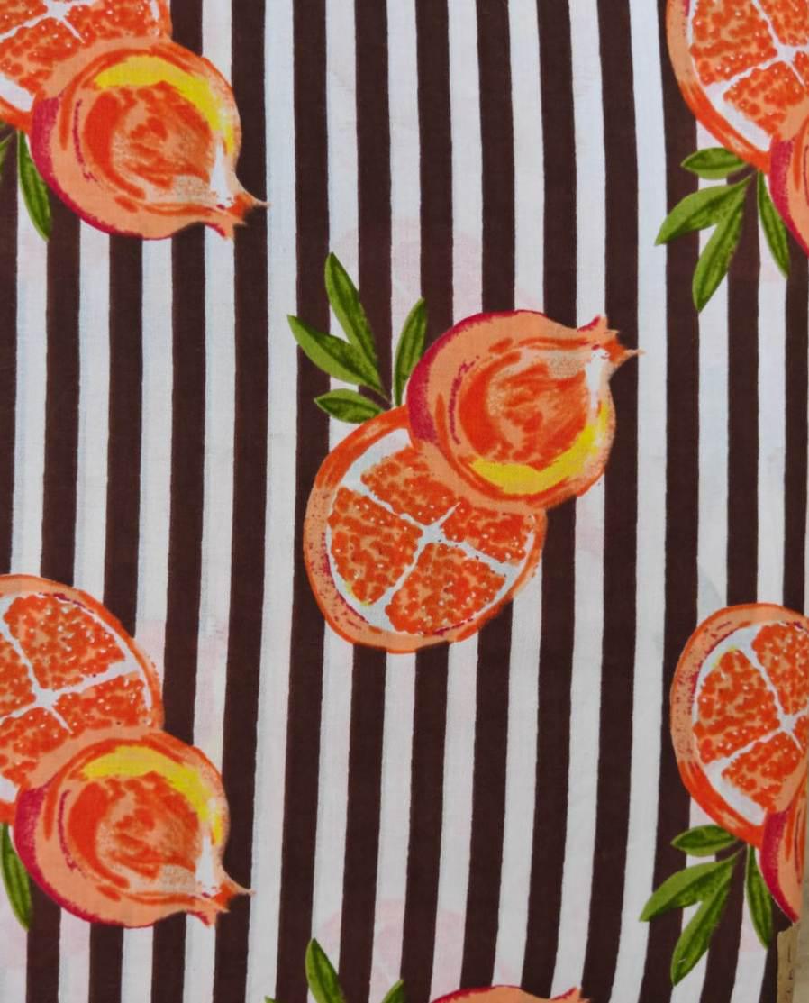Pomegranate Cotton Fabric, Brown Stripe Fruit Print Fabric, Hand Block Print Cotton Material, Botanical Fabric by Yard Quilting Craft Fabric