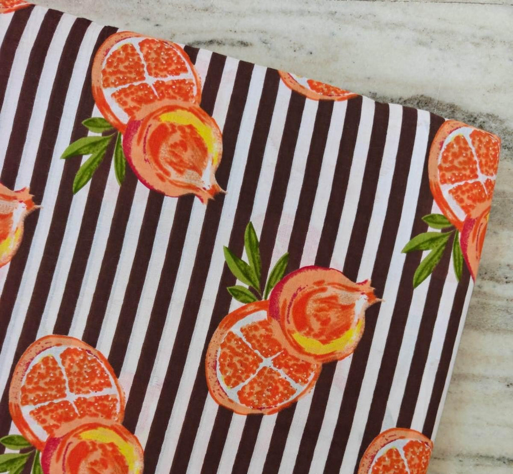 Pomegranate Cotton Fabric, Brown Stripe Fruit Print Fabric, Hand Block Print Cotton Material, Botanical Fabric by Yard Quilting Craft Fabric