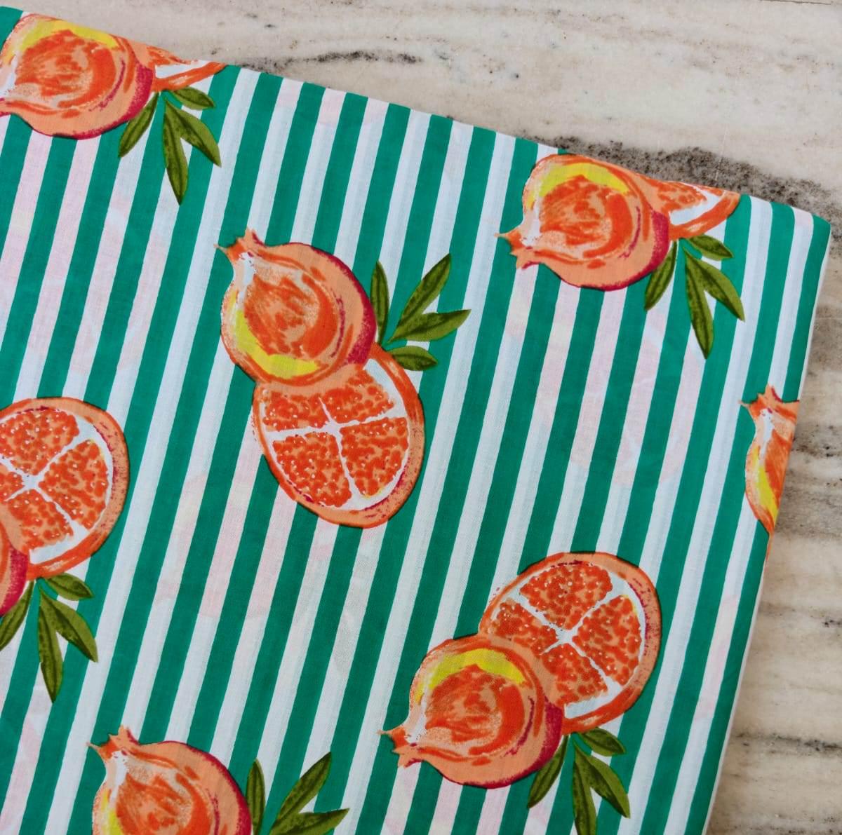 Pomegranate Cotton Fabric by the Yard, Green White Stripe Fruit Print Fabric, Summer Citrus Fabric, Sewing Craft Apparel Home Decor Fabric