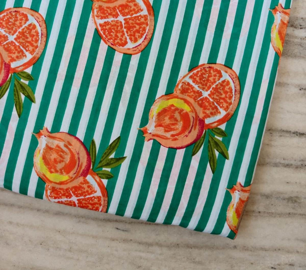 Pomegranate Cotton Fabric by the Yard, Green White Stripe Fruit Print Fabric, Summer Citrus Fabric, Sewing Craft Apparel Home Decor Fabric