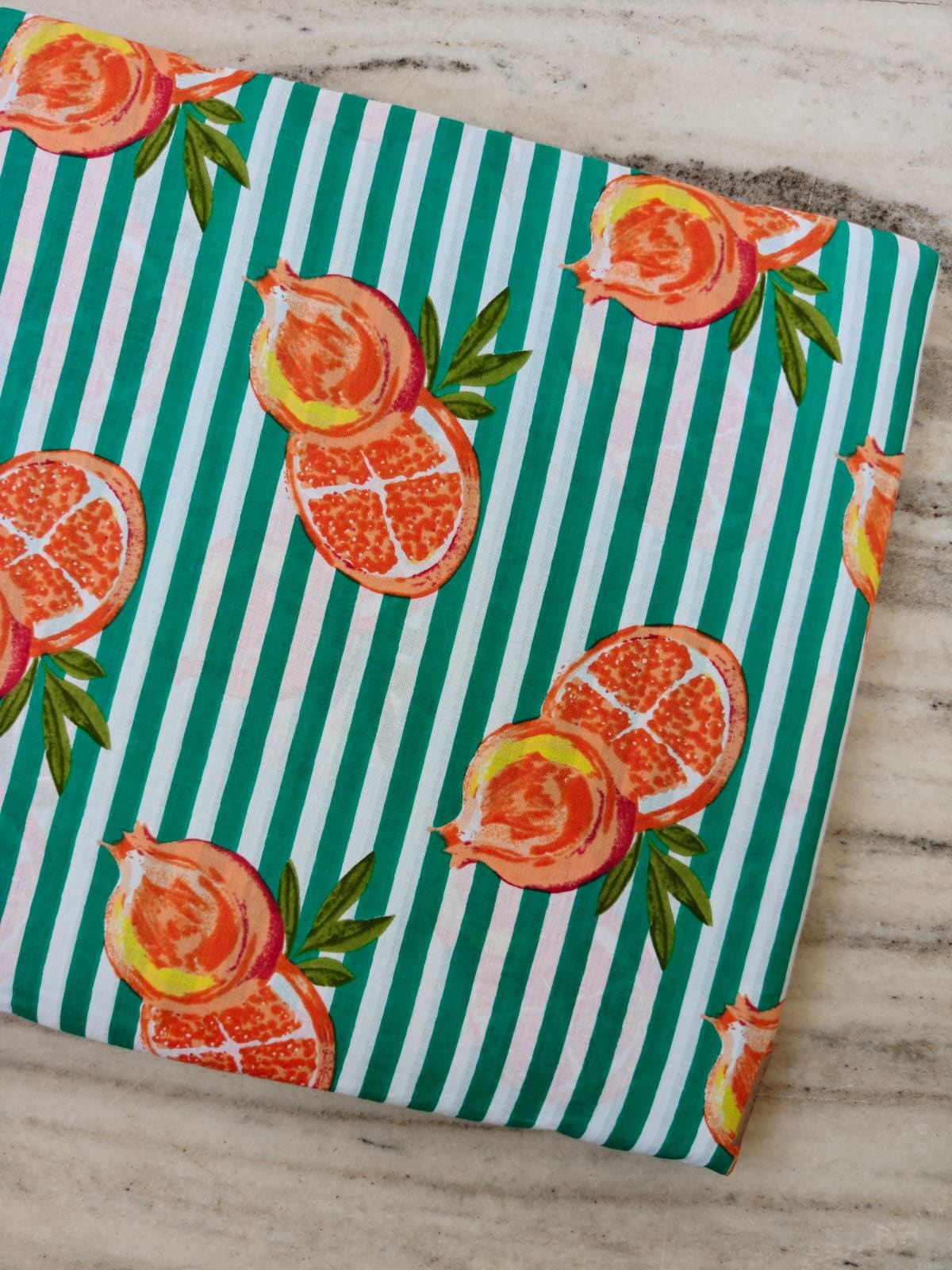 Pomegranate Cotton Fabric by the Yard, Green White Stripe Fruit Print Fabric, Summer Citrus Fabric, Sewing Craft Apparel Home Decor Fabric